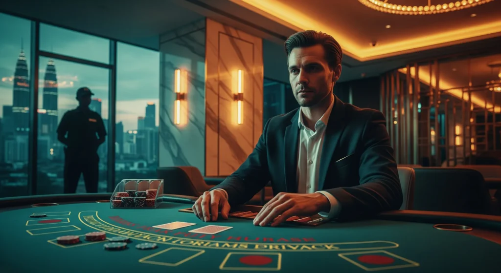 Cinematic casino lounge scene in Malaysia showing a blackjack table atmosphere and safe, premium setting