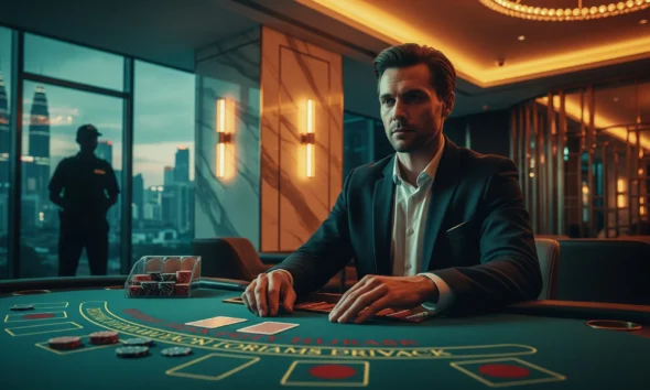 Cinematic casino lounge scene in Malaysia showing a blackjack table atmosphere and safe, premium setting