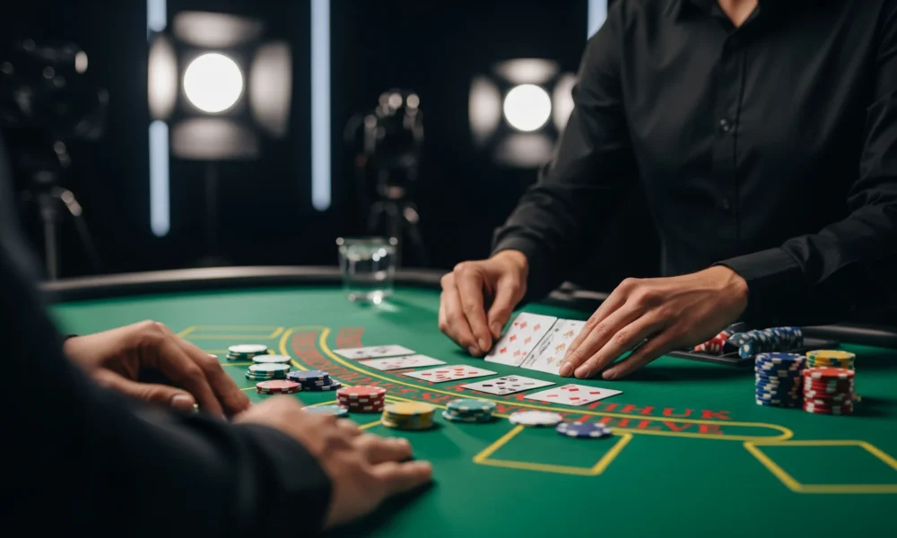 Live dealer blackjack table scene showing cards and chips for online blackjack in Malaysia in 2026