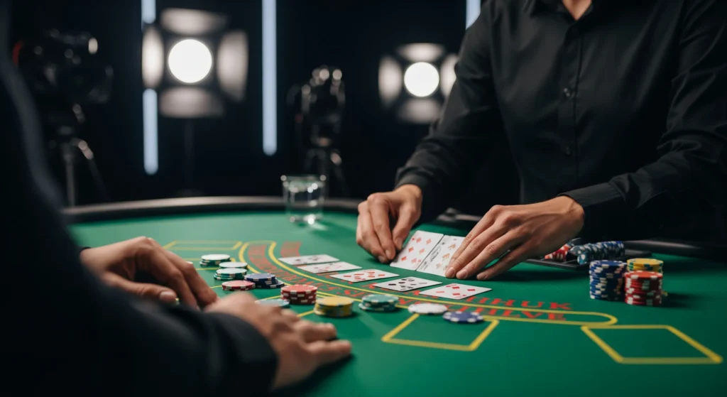 Live dealer blackjack table scene showing cards and chips for online blackjack in Malaysia in 2026