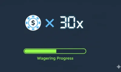 A clean, editorial-style flat illustration showing a mathematical formula layout on a neutral dark navy background — a casino chip on the left, a large multiplication symbol in the center, and a number display showing "30x" on the right. Below it, a progress bar partially filled labeled "Wagering Progress." Cool blue and white tones only. No slot machines, no neon, no celebratory imagery. Think financial compliance infographic, not gambling advertisement.