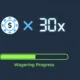 A clean, editorial-style flat illustration showing a mathematical formula layout on a neutral dark navy background — a casino chip on the left, a large multiplication symbol in the center, and a number display showing "30x" on the right. Below it, a progress bar partially filled labeled "Wagering Progress." Cool blue and white tones only. No slot machines, no neon, no celebratory imagery. Think financial compliance infographic, not gambling advertisement.