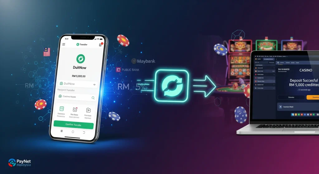 DuitNow casino Malaysia showing instant RM5000 deposit from Maybank mobile app to online casino account with 15-second processing time