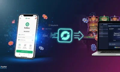 DuitNow casino Malaysia showing instant RM5000 deposit from Maybank mobile app to online casino account with 15-second processing time
