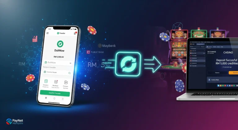 DuitNow casino Malaysia showing instant RM5000 deposit from Maybank mobile app to online casino account with 15-second processing time
