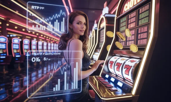 ideogram v3.0 cinematic luxury casino scene with a beautiful confident female gambler standing 0