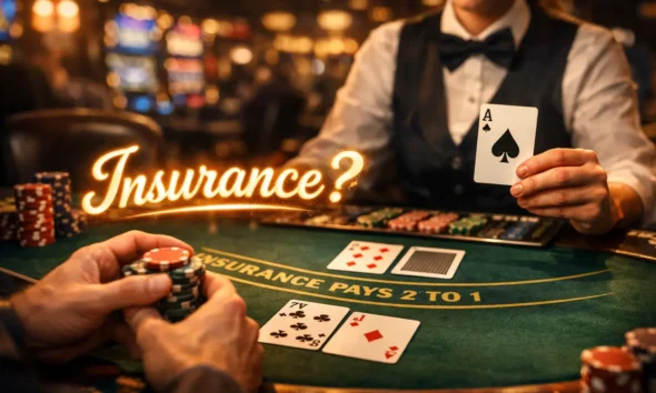 Blackjack table with glowing insurance sign