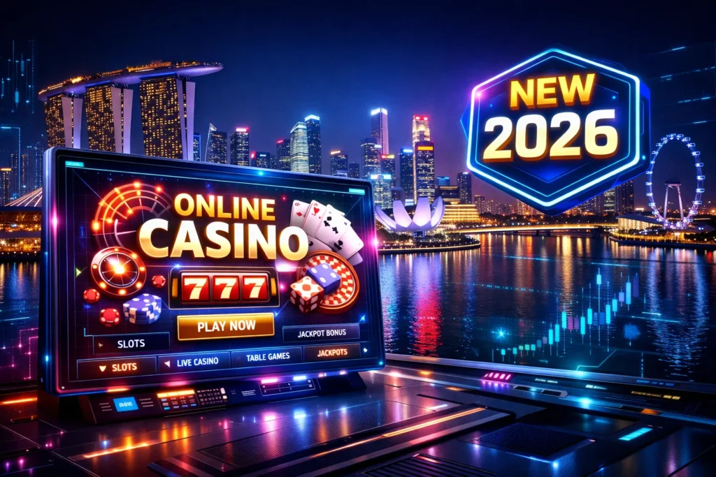 Futuristic casino and Singapore skyline