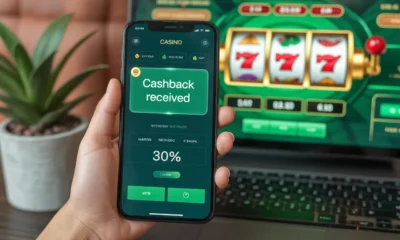 ideogram v3.0 A Malaysian player using a smartphone displaying a casino app with Cashback R 0