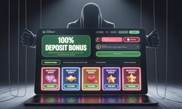 ideogram v3.0 A dark themed online casino interface with glowing bonus banners like 100 per 0