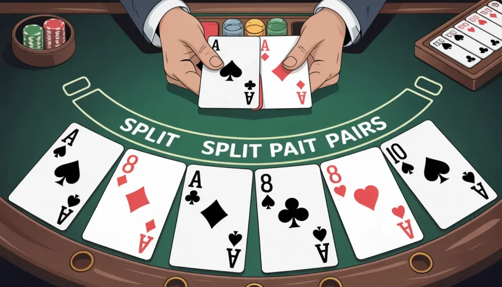 ideogram v3.0 Blackjack strategy chart highlighting when to split pairs showing hands like Ace 0