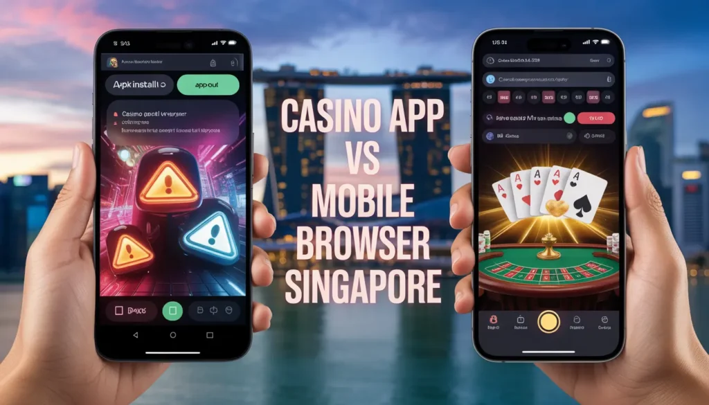 ideogram v3.0 Split screen comparison of casino app vs mobile browser for a Singapore user. Le 0
