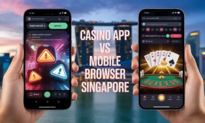 ideogram v3.0 Split screen comparison of casino app vs mobile browser for a Singapore user. Le 0