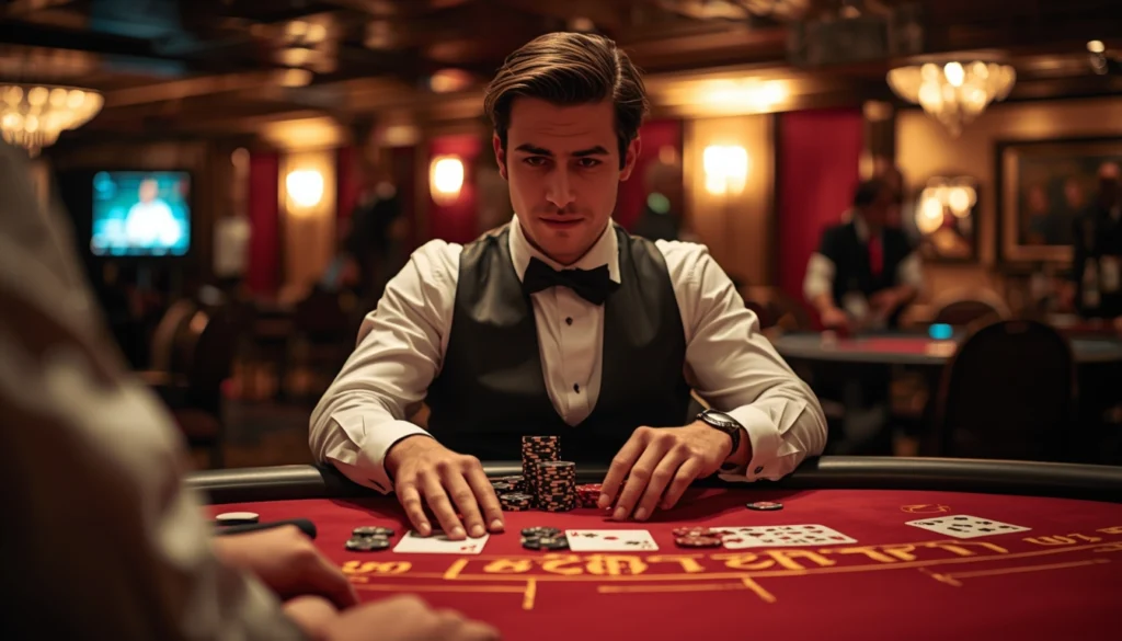 lucid origin A professional blackjack player at a casino table doubling down placing extra ch 0