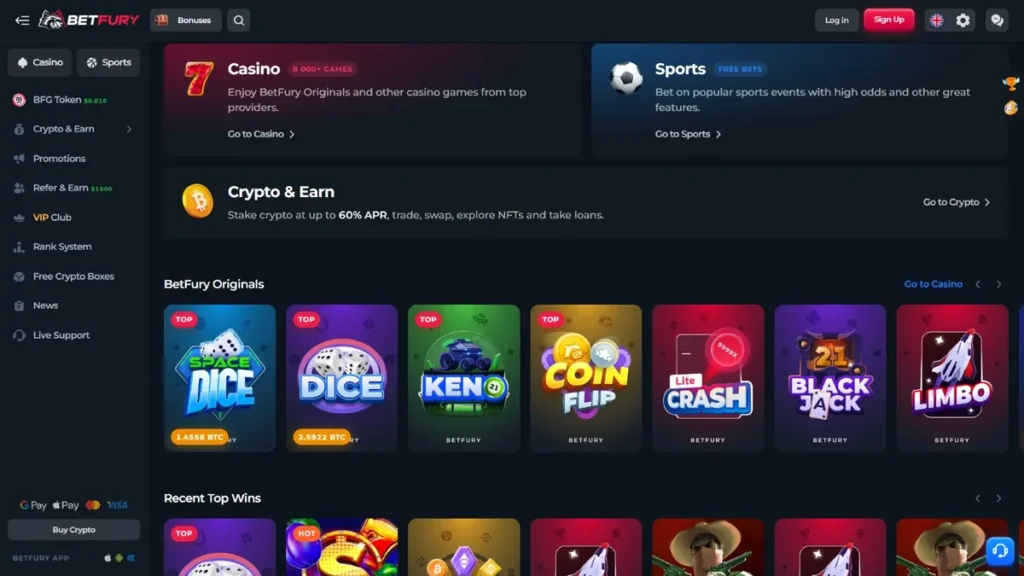 Betfury casino homepage screenshot — view 2
